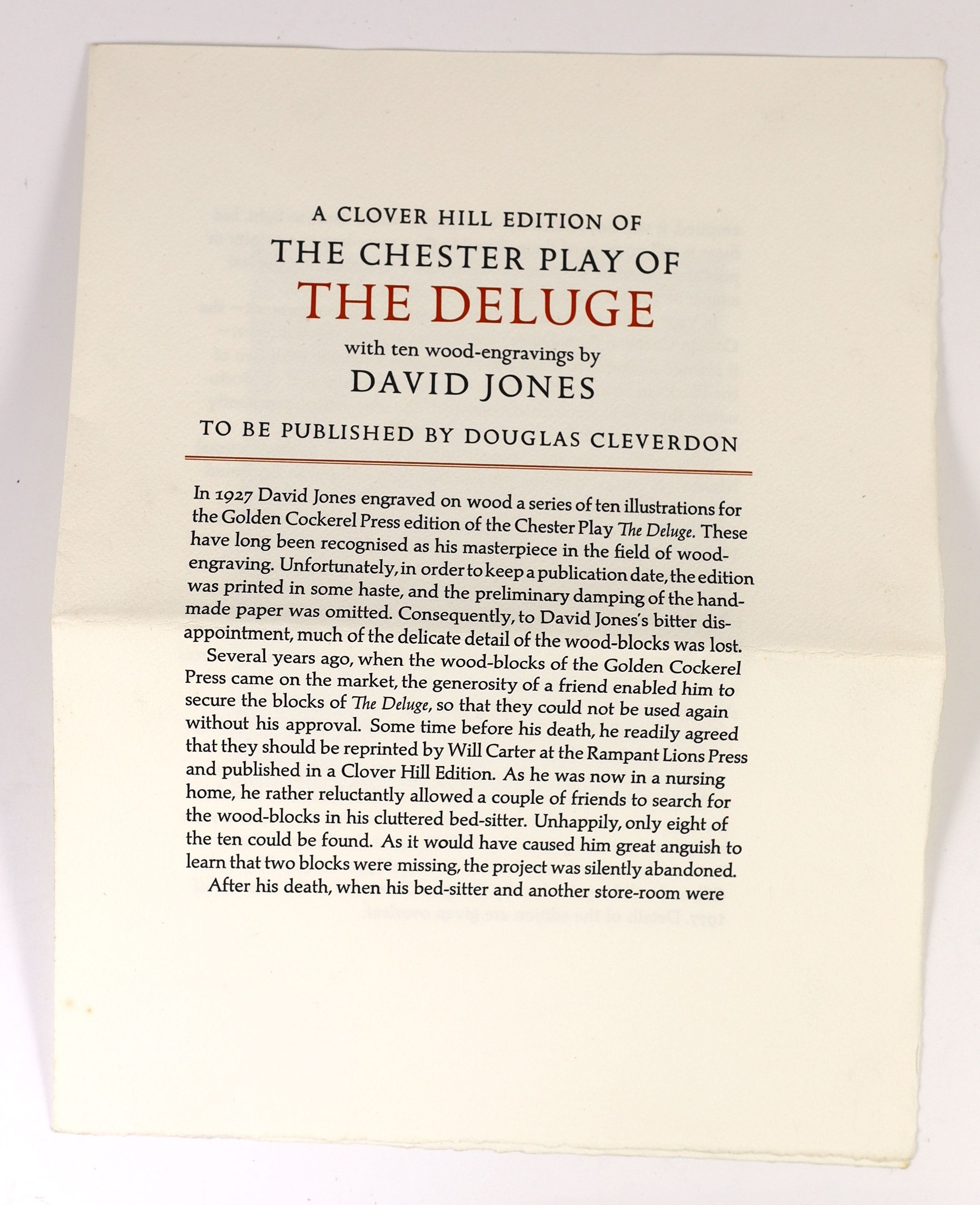Jones, David - The Chester Plays of the Deluge. Limited edition, No. 230 of the 250 ‘ordinary copies’. Complete with 10 wood engravings in the text. Quarter cloth and marbled paper with gilt title direct on spine. With o